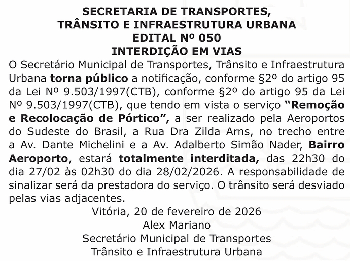 SETRAN - 050-2026 - Remoção e Recolocação de Pórtico