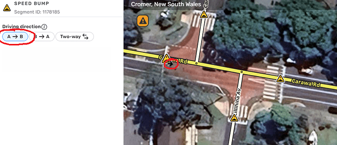 Mapped one-way speed bump at entry to raised intersection