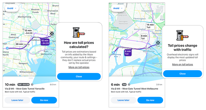 Example of toll information shown on the route selection screen in the Waze app. On the left, a route where toll pricing is configured in the Toll Tool shows an estimated cost. On the right, a route where pricing is unconfigured or set to $0 shows a toll alert without an amount.