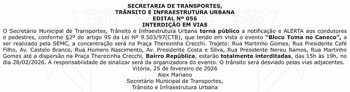 SETRAN - 056-2026 - Bloco Toma no Caneco