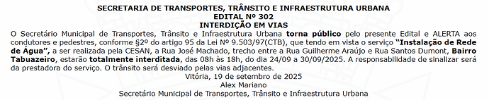 SETRAN - 302-2025 - Interdição Instalação de Rede de Água